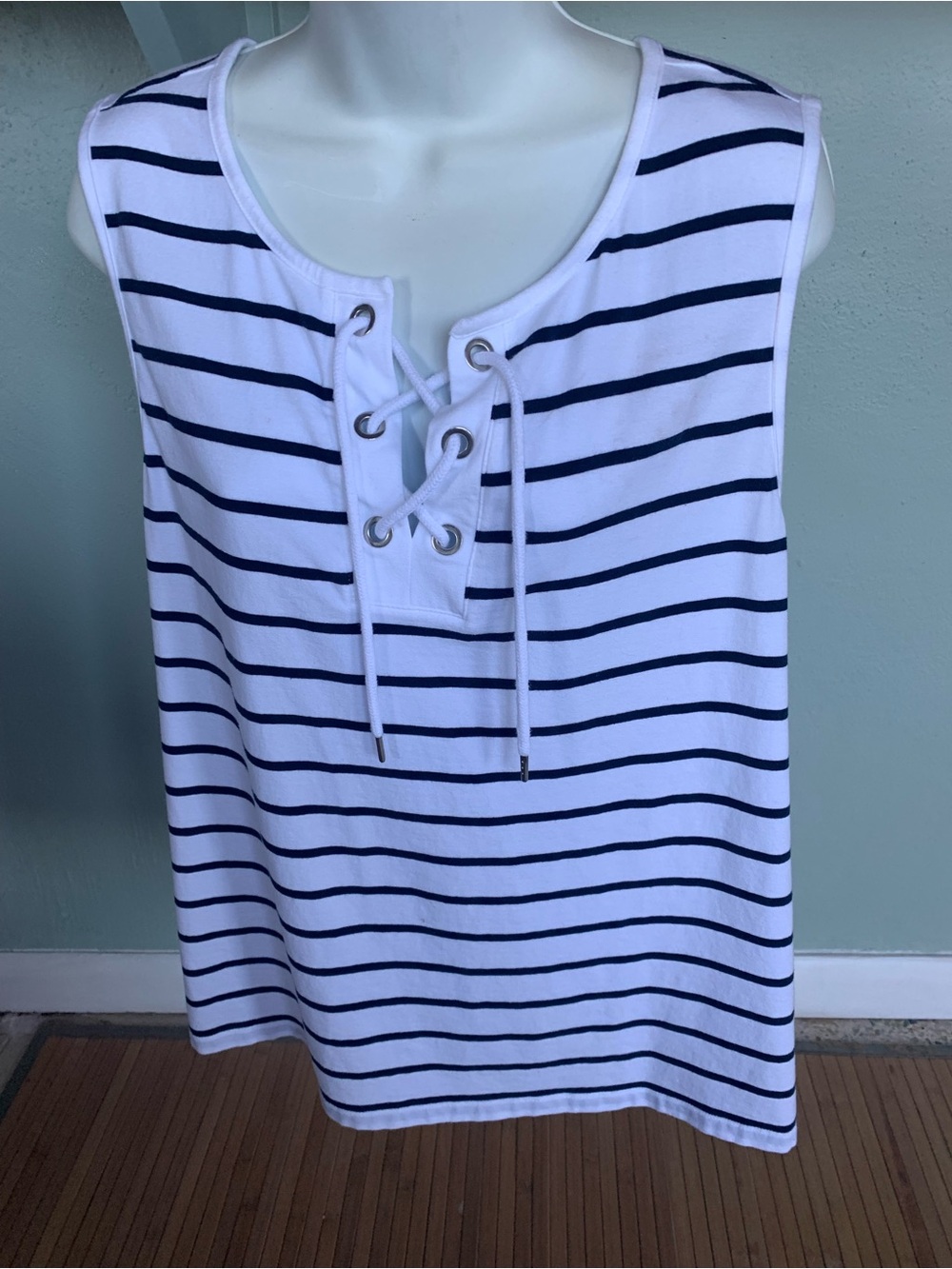 Striped Lace-Up Sleeveless Top - White & Navy size xxl Nautica 95% cotton